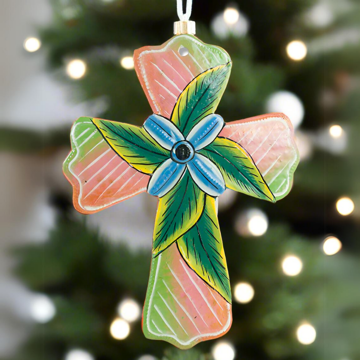 Painted Leaf Cross Ornament